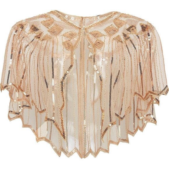 🆕 Women Gold Sequin Beaded Evening Cape Bridal Shawl Bolero Flapper Cover Up - Picture 1 of 6